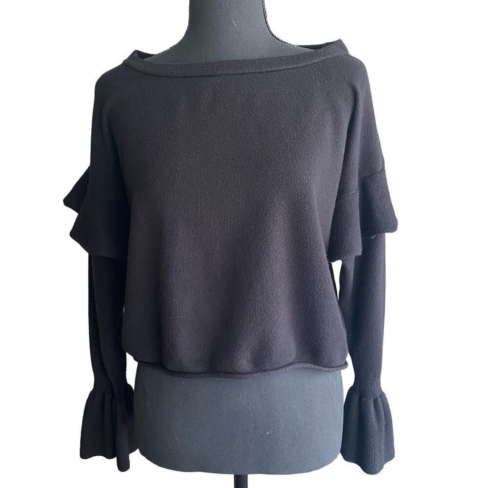 Zara Knit Black Flounce Sweater Bell Cuff Ruffle Shoulder Black Women Size Small - Picture 2 of 12